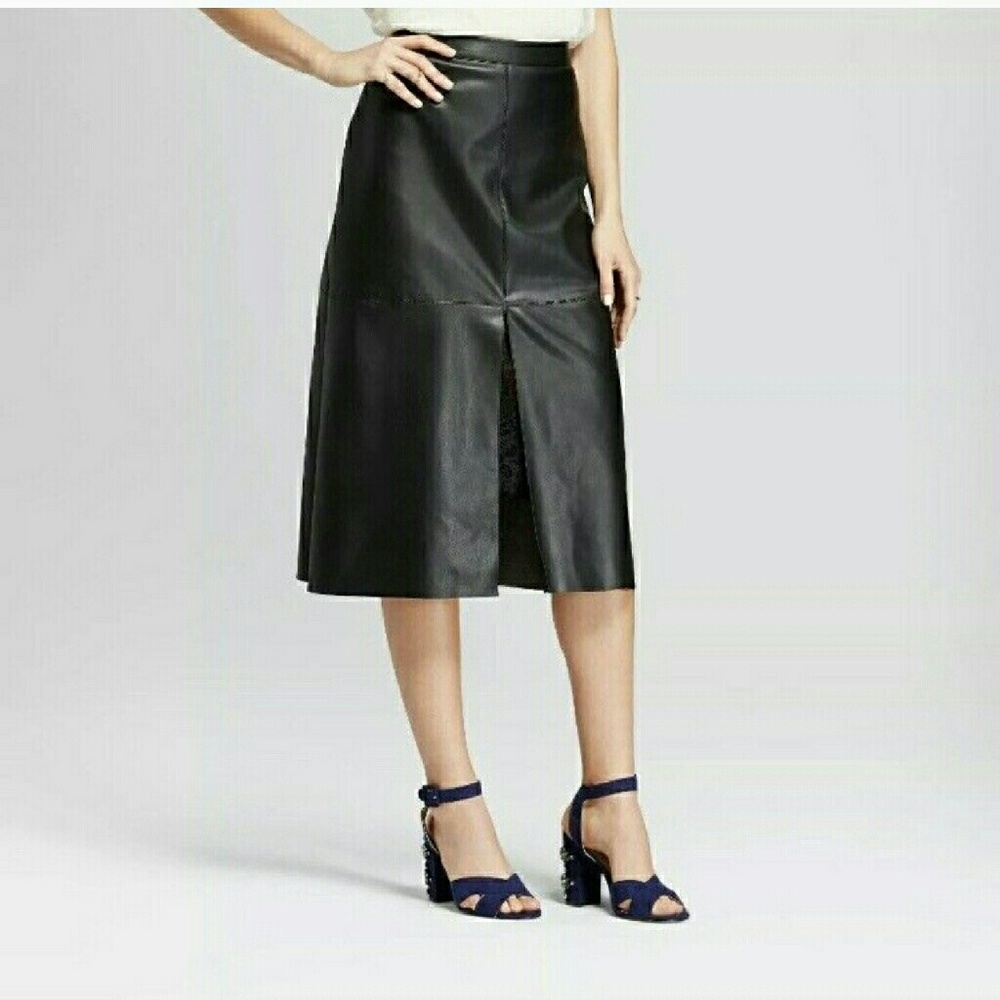 Who What Wear Black Faux Leather A-Line Midi Skirt